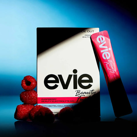 Evie Beauty Fuel Electrolyte supplement package with raspberries