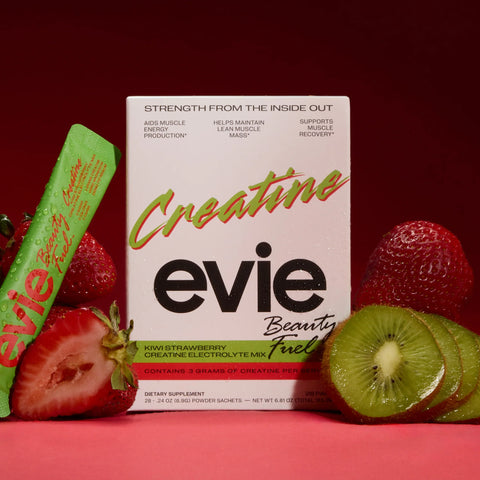 Evie Creatine supplement package with strawberries and kiwis