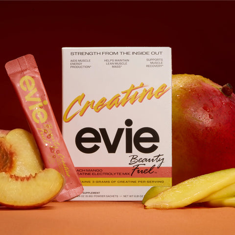 Evie Creatine supplement package with peach and mango