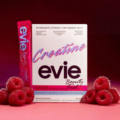 Evie Beauty Fuel creatine supplement package with raspberries