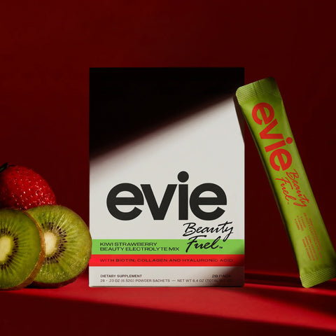 Evie Beauty Fuel Electrolyte supplement package with a strawberry and kiwi