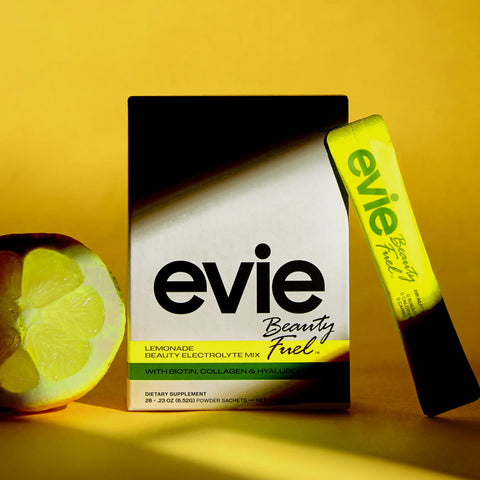 Evie Beauty Fuel Electrolyte supplement package with a lemon