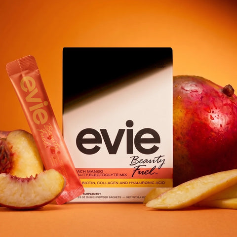 evie Beauty Fuel package with a fruit and a powder packet