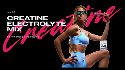 Woman in athletic wear holding a creatine product with promotional text